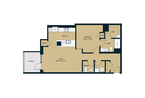 Floor plan for 1 bed, 1 bath, 952 sqft
